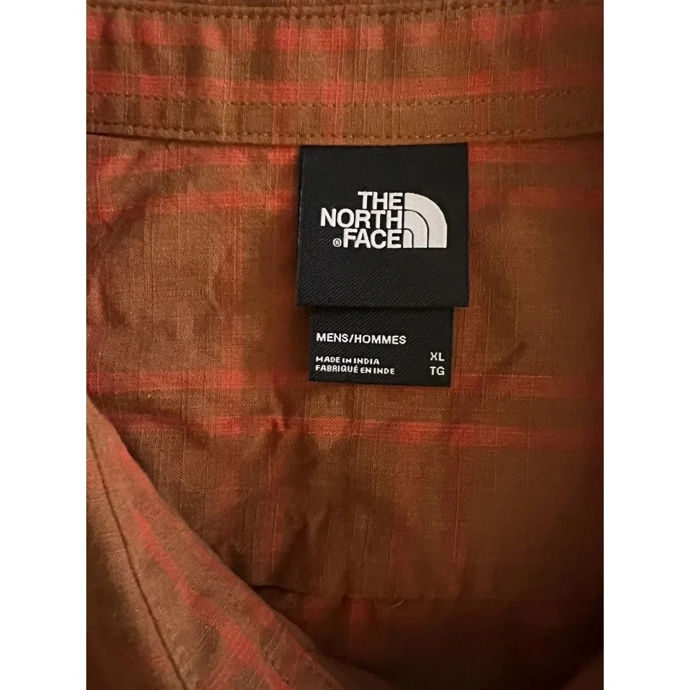 The North Face Mens XL Short Sleeve Button Down Shirt Orange Plaid Ripstop XL
